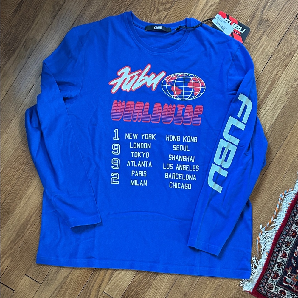 FUBU Bright Blue 'Worldwide' Graphic Long Sleeve Tee - Men’s 2XL